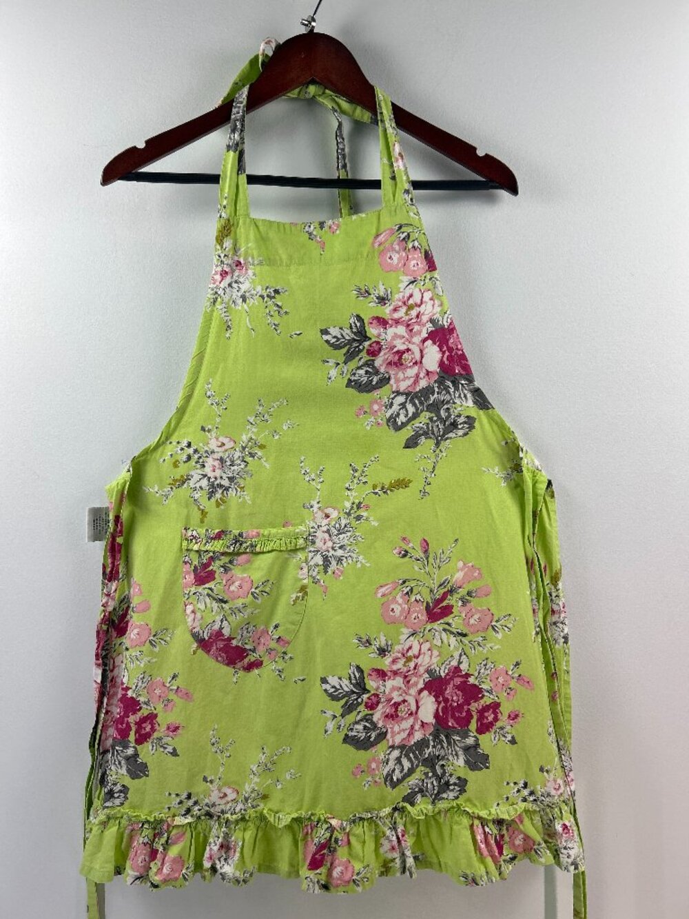 Williams Sonoma Green Floral Ruffle Cotton Kitchen Apron